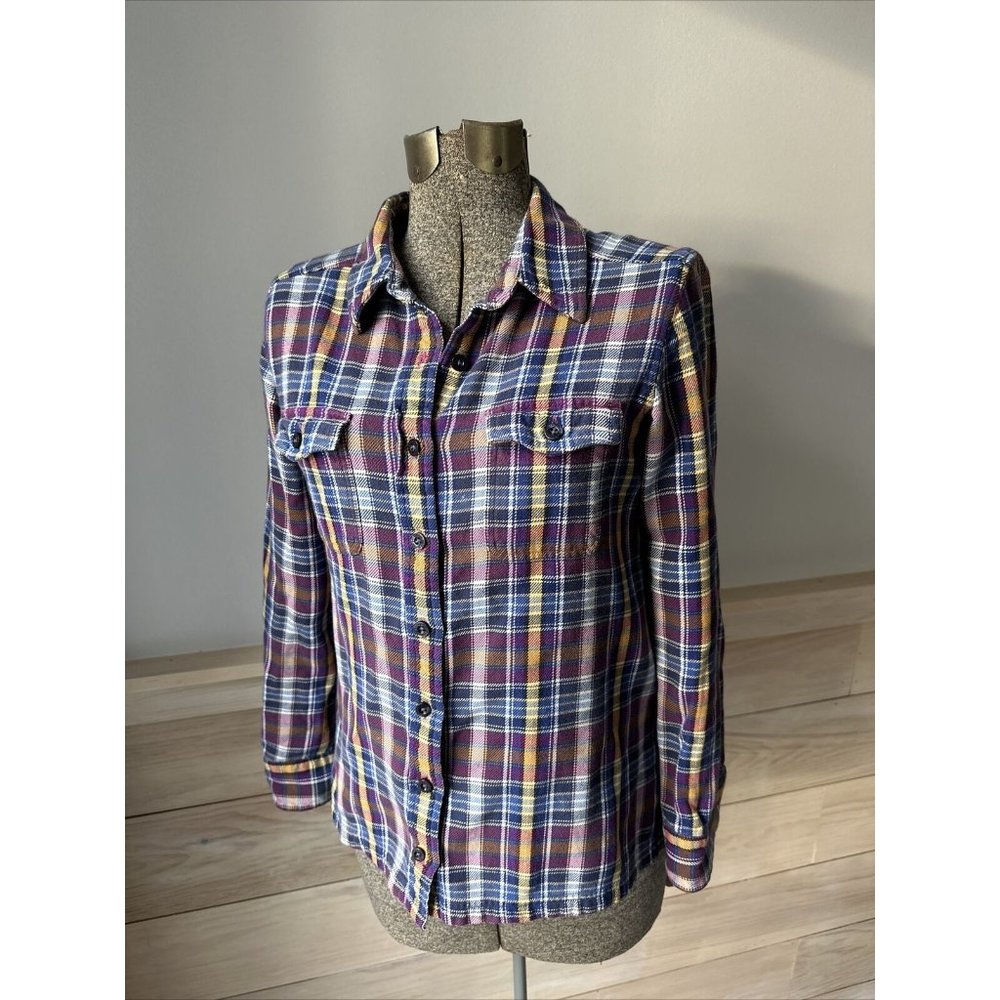 Patagonia Long Sleeve Flannel Shirt Gray Purple Blue Yellow Plaid Organic Cotton